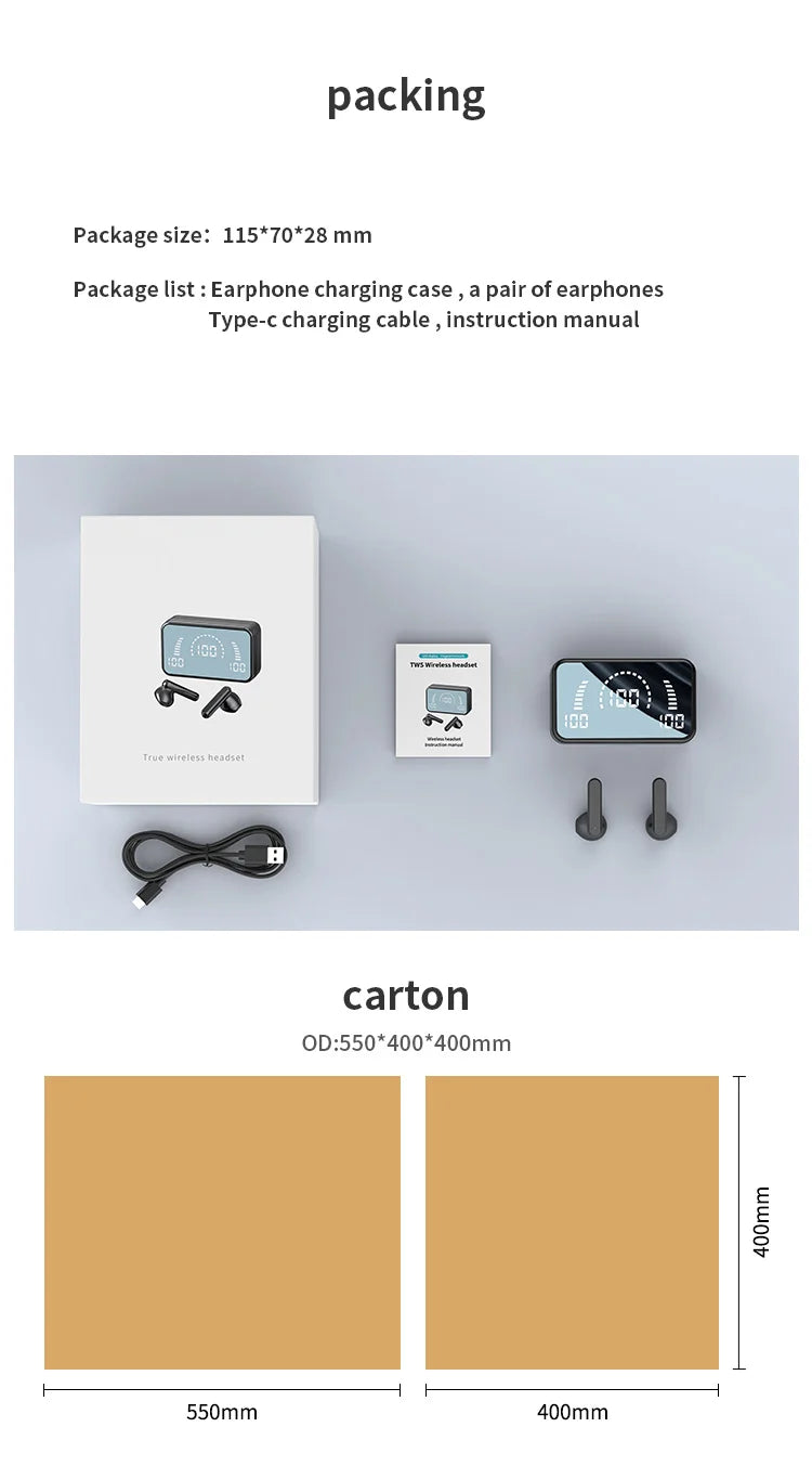 Immerse yourself in crystal-clear sound with TWS wireless earbuds. Smart noise cancelling, LED design, and a powerful charging case.