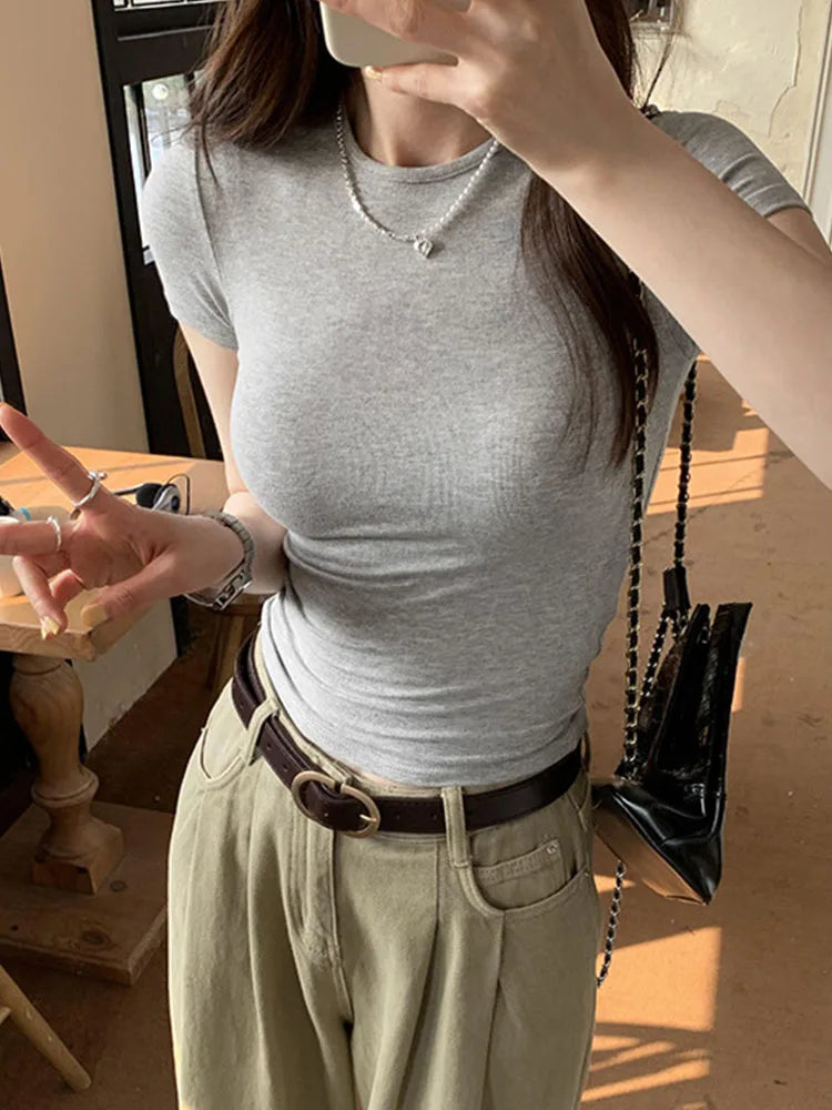 Women's Basic Solid Crop Top Short Sleeve Crewneck Skinny T-shirt Summer Casual Y2K Vintage Harajuku Streetwear