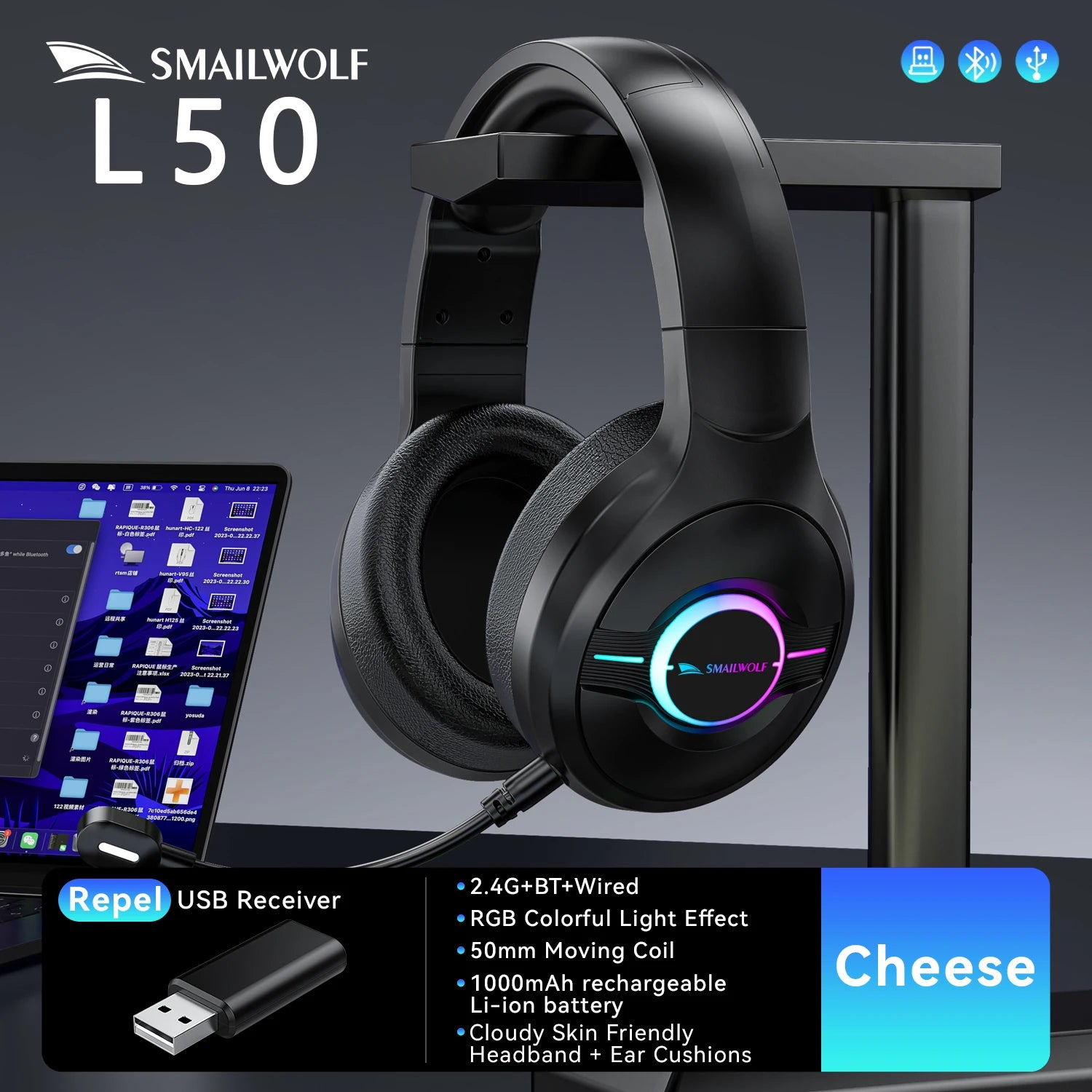 SmailWolf L80 Wireless Bluetooth Headset – Lightweight 3-Mode Gaming & Sports Bass Headphones