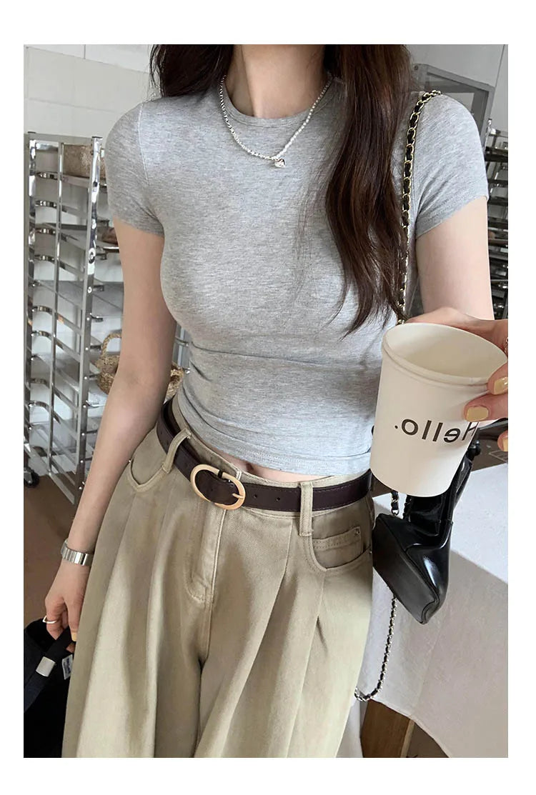 Women's Basic Solid Crop Top Short Sleeve Crewneck Skinny T-shirt Summer Casual Y2K Vintage Harajuku Streetwear