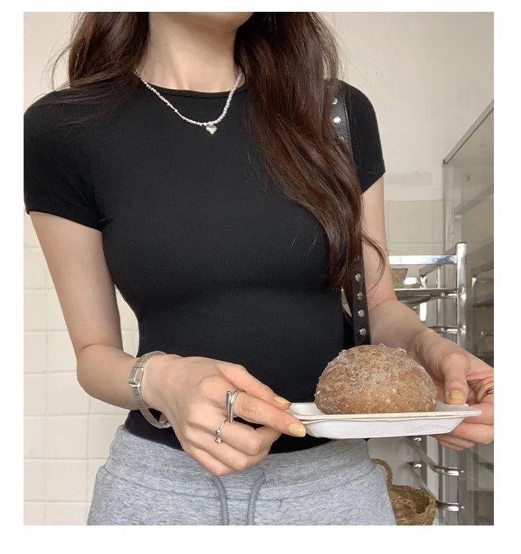 Women's Basic Solid Crop Top Short Sleeve Crewneck Skinny T-shirt Summer Casual Y2K Vintage Harajuku Streetwear