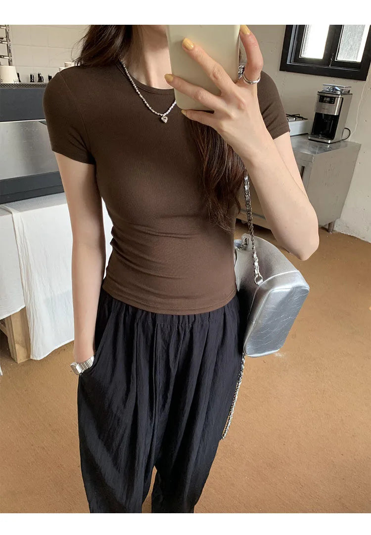 Women's Basic Solid Crop Top Short Sleeve Crewneck Skinny T-shirt Summer Casual Y2K Vintage Harajuku Streetwear