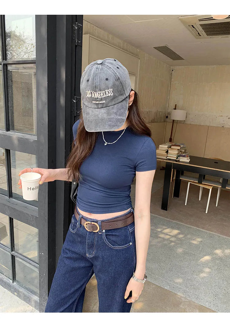 Women's Basic Solid Crop Top Short Sleeve Crewneck Skinny T-shirt Summer Casual Y2K Vintage Harajuku Streetwear