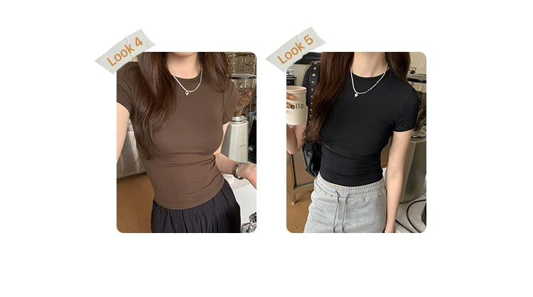 Women's Basic Solid Crop Top Short Sleeve Crewneck Skinny T-shirt Summer Casual Y2K Vintage Harajuku Streetwear