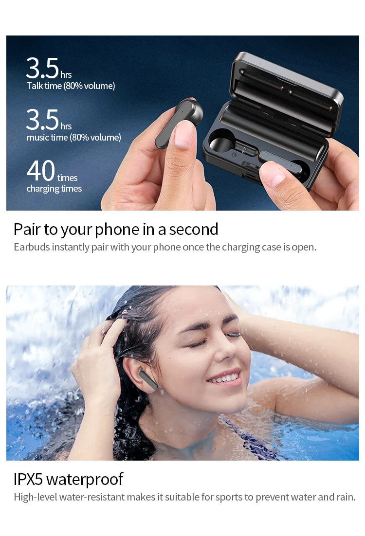 Immerse yourself in crystal-clear sound with TWS wireless earbuds. Smart noise cancelling, LED design, and a powerful charging case.