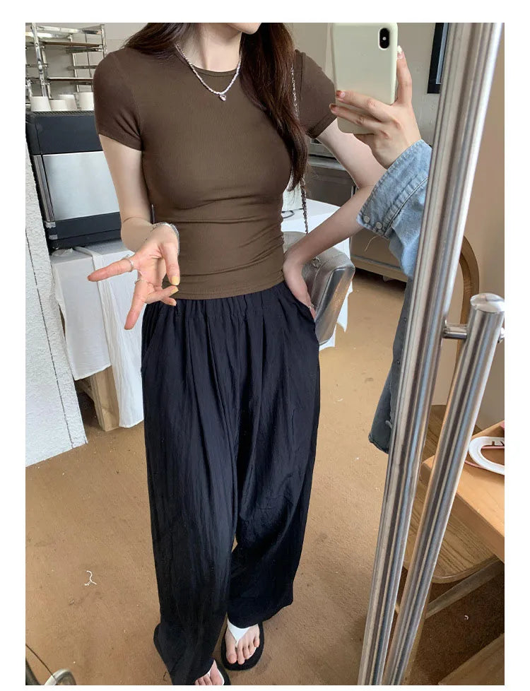 Women's Basic Solid Crop Top Short Sleeve Crewneck Skinny T-shirt Summer Casual Y2K Vintage Harajuku Streetwear