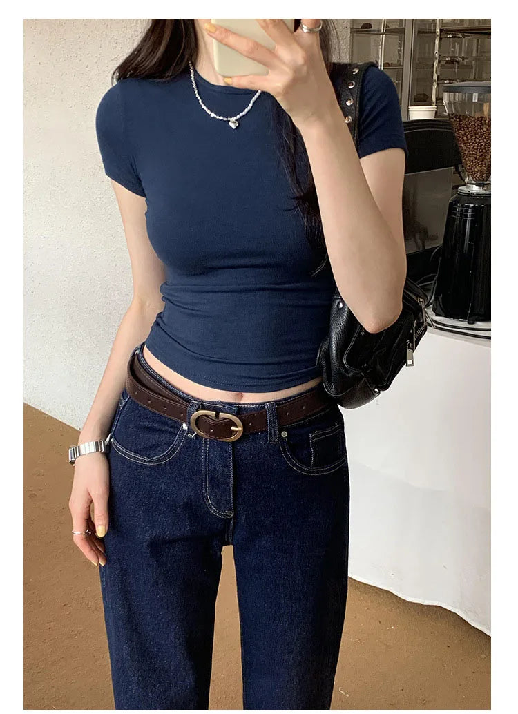 Women's Basic Solid Crop Top Short Sleeve Crewneck Skinny T-shirt Summer Casual Y2K Vintage Harajuku Streetwear