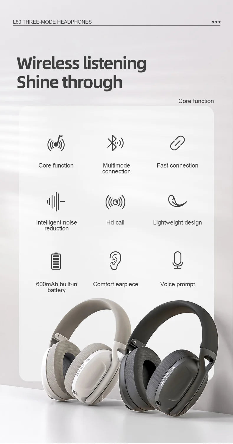 SmailWolf L80 Wireless Bluetooth Headset – Lightweight 3-Mode Gaming & Sports Bass Headphones