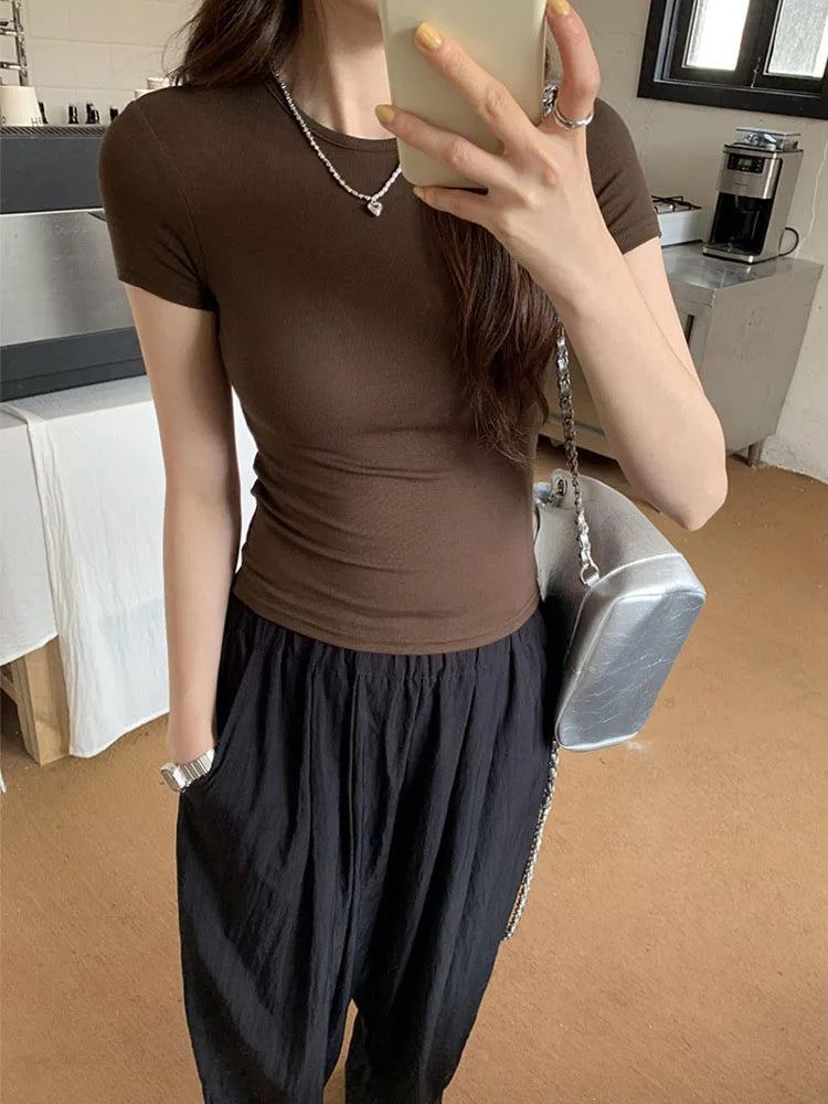 Women's Basic Solid Crop Top Short Sleeve Crewneck Skinny T-shirt Summer Casual Y2K Vintage Harajuku Streetwear