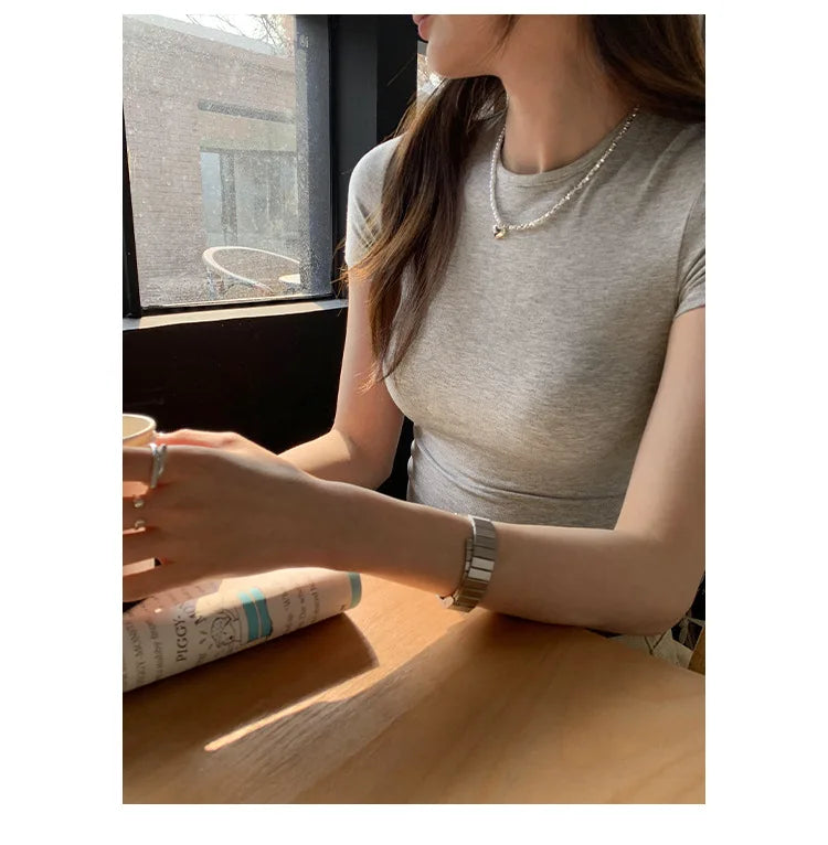 Women's Basic Solid Crop Top Short Sleeve Crewneck Skinny T-shirt Summer Casual Y2K Vintage Harajuku Streetwear