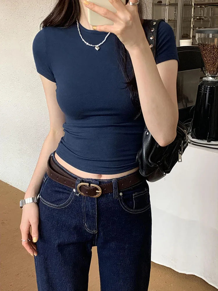 Women's Basic Solid Crop Top Short Sleeve Crewneck Skinny T-shirt Summer Casual Y2K Vintage Harajuku Streetwear