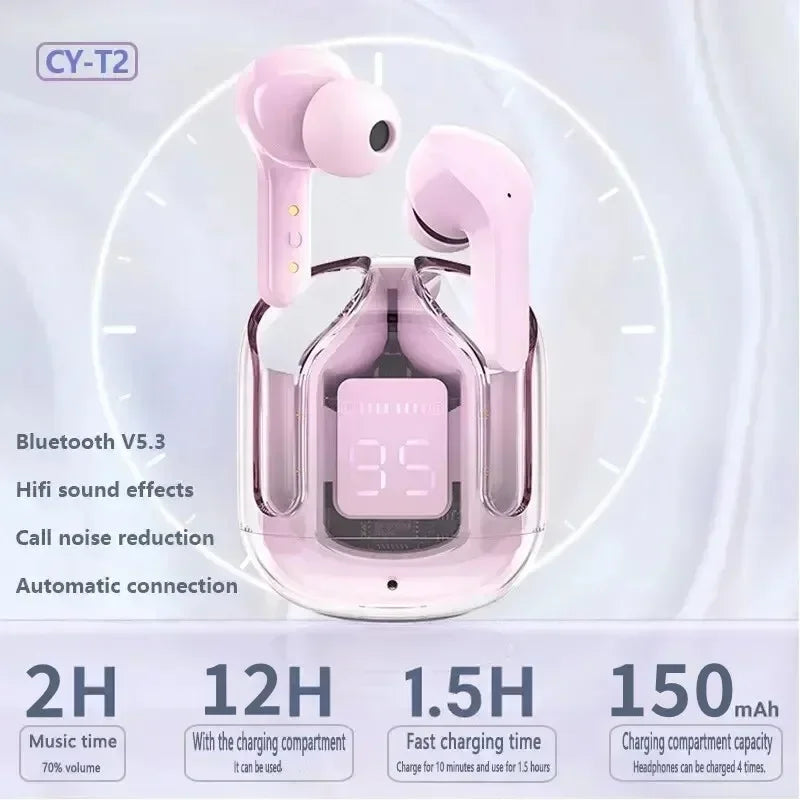 Original T2 Transparent Wireless Bluetooth Earbuds – HiFi Stereo Sound with LED Power Display, Compatible with Xiaomi