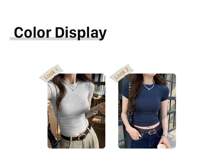 Women's Basic Solid Crop Top Short Sleeve Crewneck Skinny T-shirt Summer Casual Y2K Vintage Harajuku Streetwear