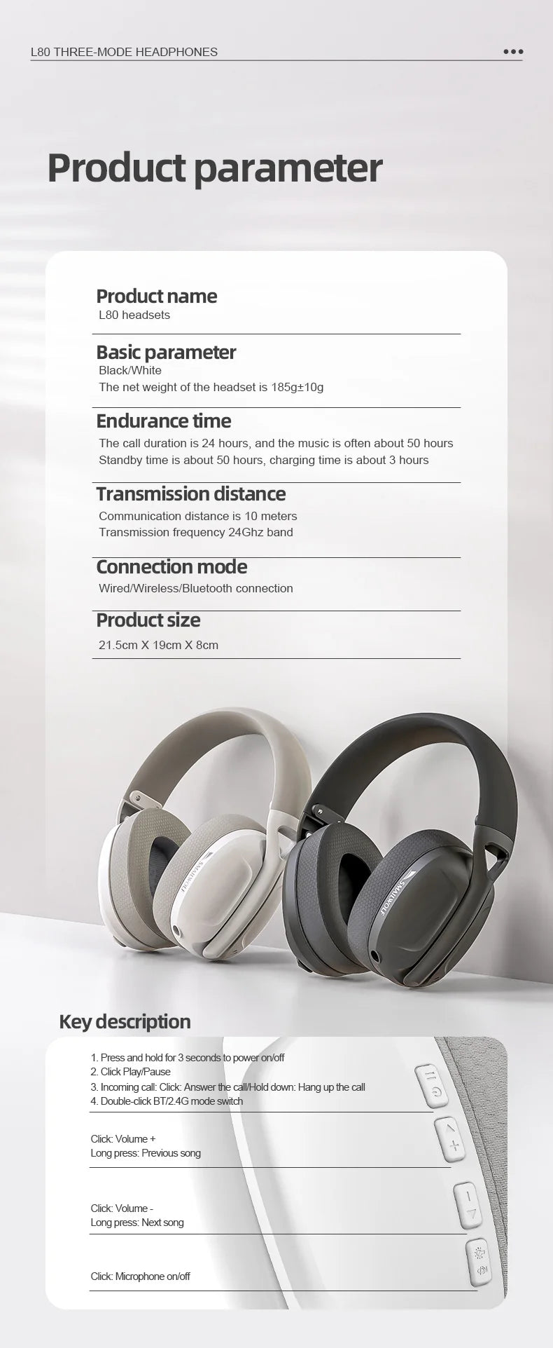 SmailWolf L80 Wireless Bluetooth Headset – Lightweight 3-Mode Gaming & Sports Bass Headphones
