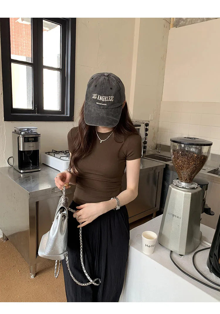 Women's Basic Solid Crop Top Short Sleeve Crewneck Skinny T-shirt Summer Casual Y2K Vintage Harajuku Streetwear