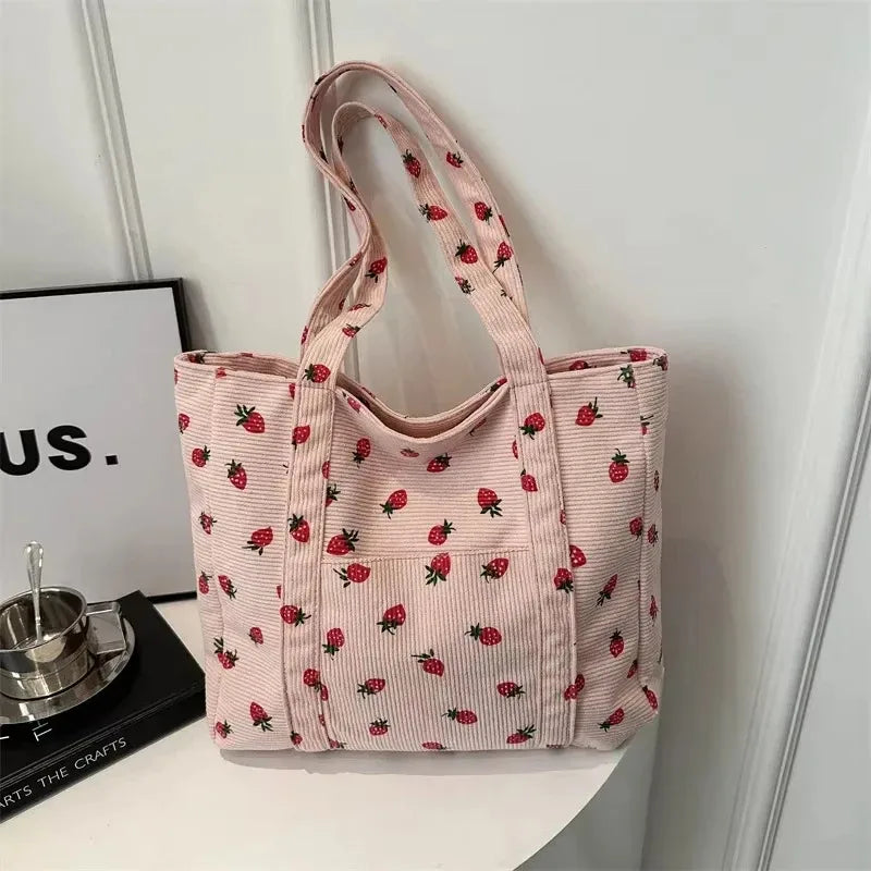 Bolso de pana con fresas, bolso de playa, bolso de hombro