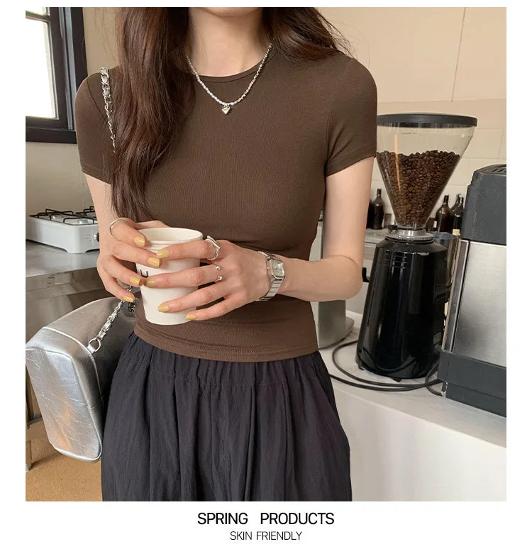 Women's Basic Solid Crop Top Short Sleeve Crewneck Skinny T-shirt Summer Casual Y2K Vintage Harajuku Streetwear