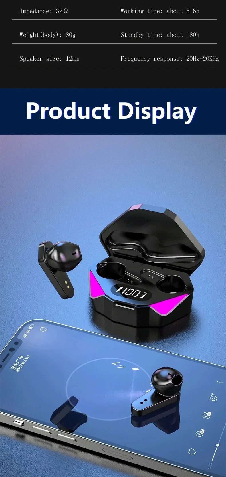 TWS Bluetooth Wireless Gaming Earbuds with LED Display