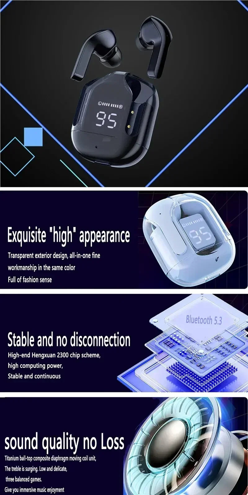 Original T2 Transparent Wireless Bluetooth Earbuds – HiFi Stereo Sound with LED Power Display, Compatible with Xiaomi