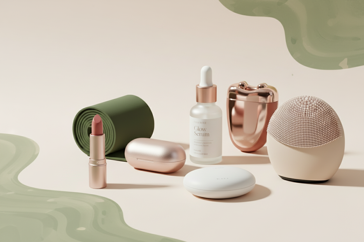 Diseña una imagen moderna y minimalista para una marca llamada GlowFits. El estilo debe ser juvenil, fresco y elegante, con colores suaves y actuales como rosa pastel, beige, blanco y tonos metálicos ligeros. Incluye elementos relacionados con belleza, cuidado personal y fitness, como accesorios pequeños, skincare o gadgets. La composición debe sentirse limpia, estética y equilibrada, con tipografía moderna y femenina. El ambiente debe transmitir bienestar, estilo y confianza. con toques de colones neutros 