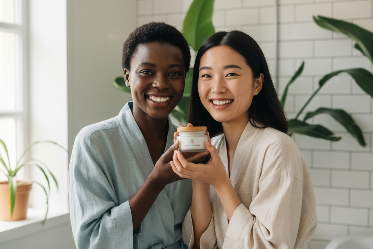 dos mujeres con una sonrisa natural enseñando un producto de skin care 