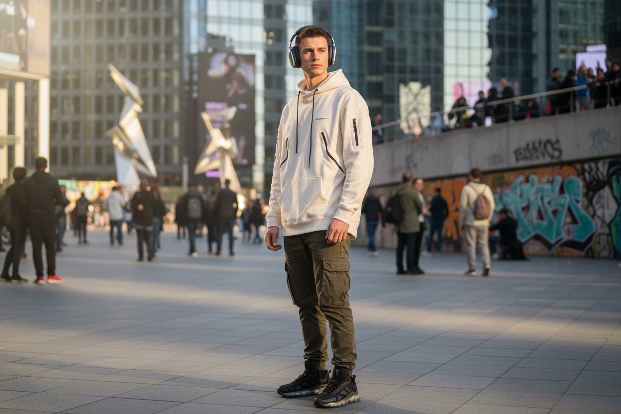 que sea un joven con ropa urbana y en un lugar publico con audifonos a la moda y que destaque los audifonos 